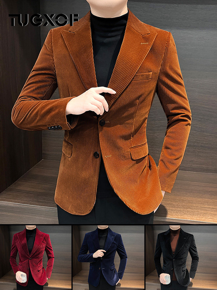 2025新款男士西装外套秋冬季灯芯绒修身痞帅休闲商务西服单西潮流