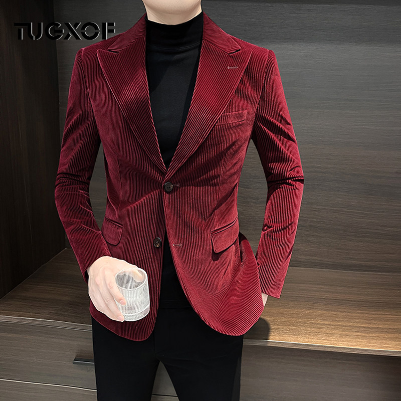 灯芯绒西装外套气质男士2025新款春秋款男装痞帅酒红色西服男款潮