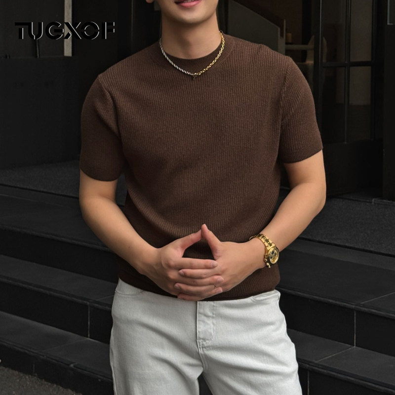 夏季老钱风百搭针织衫男短袖圆领毛衣舒适正肩男士毛衣气质男士潮