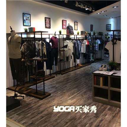 复古实木铁艺服装展示架中岛架服装店落地侧挂靠墙双层挂衣架包邮