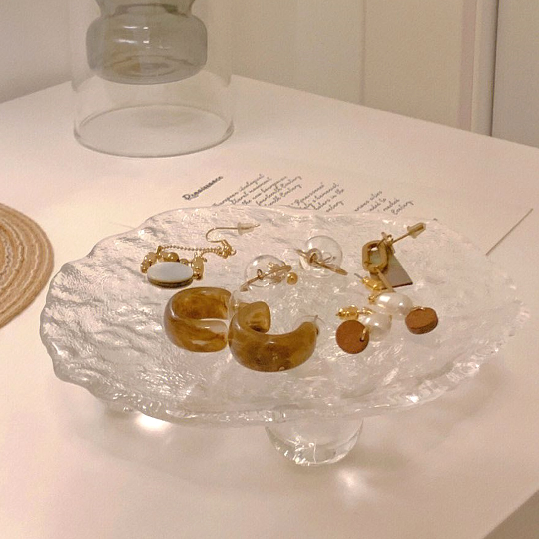 创意高脚玻璃首饰盘饰品展示托盘收纳盘珠宝摆拍装饰盘拍照道具