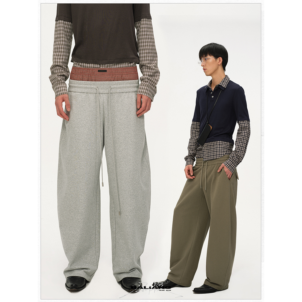 格纹拼接双腰弯刀卫裤