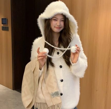 TEEINXX白色毛衣外套女冬季奶fufu软糯加绒加厚针织衫开衫秋冬