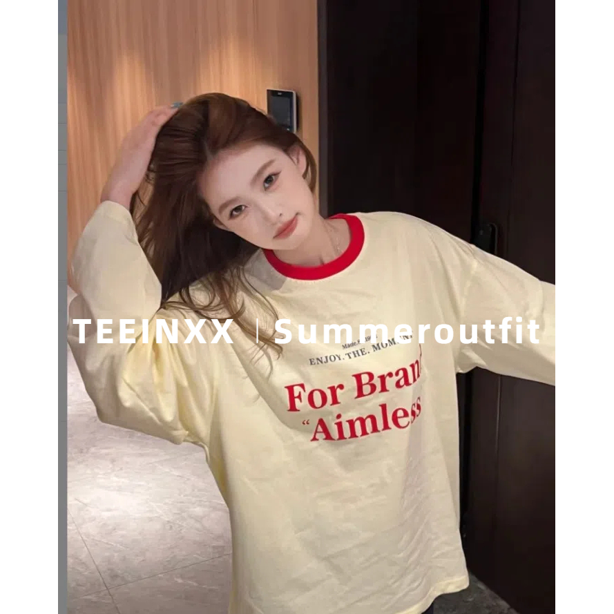 TEEINXX宽松白色印花t恤女2025新款长袖韩版慵懒风字母撞色上衣