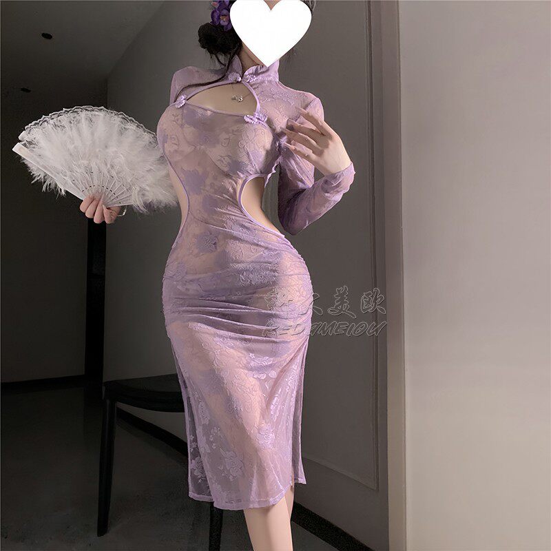 紫色高开叉旗袍制服纯欲床上性感内衣透视情感趣味睡衣诱惑装qqny