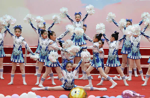 新款蓝色啦啦操服装男女啦啦队比赛服儿童中小学花球拉拉队服