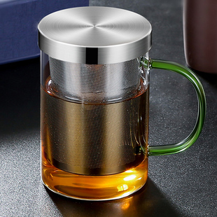 泡茶杯茶水分離不銹鋼過濾網大容量水杯 玻璃茶杯帶把手辦公室男士