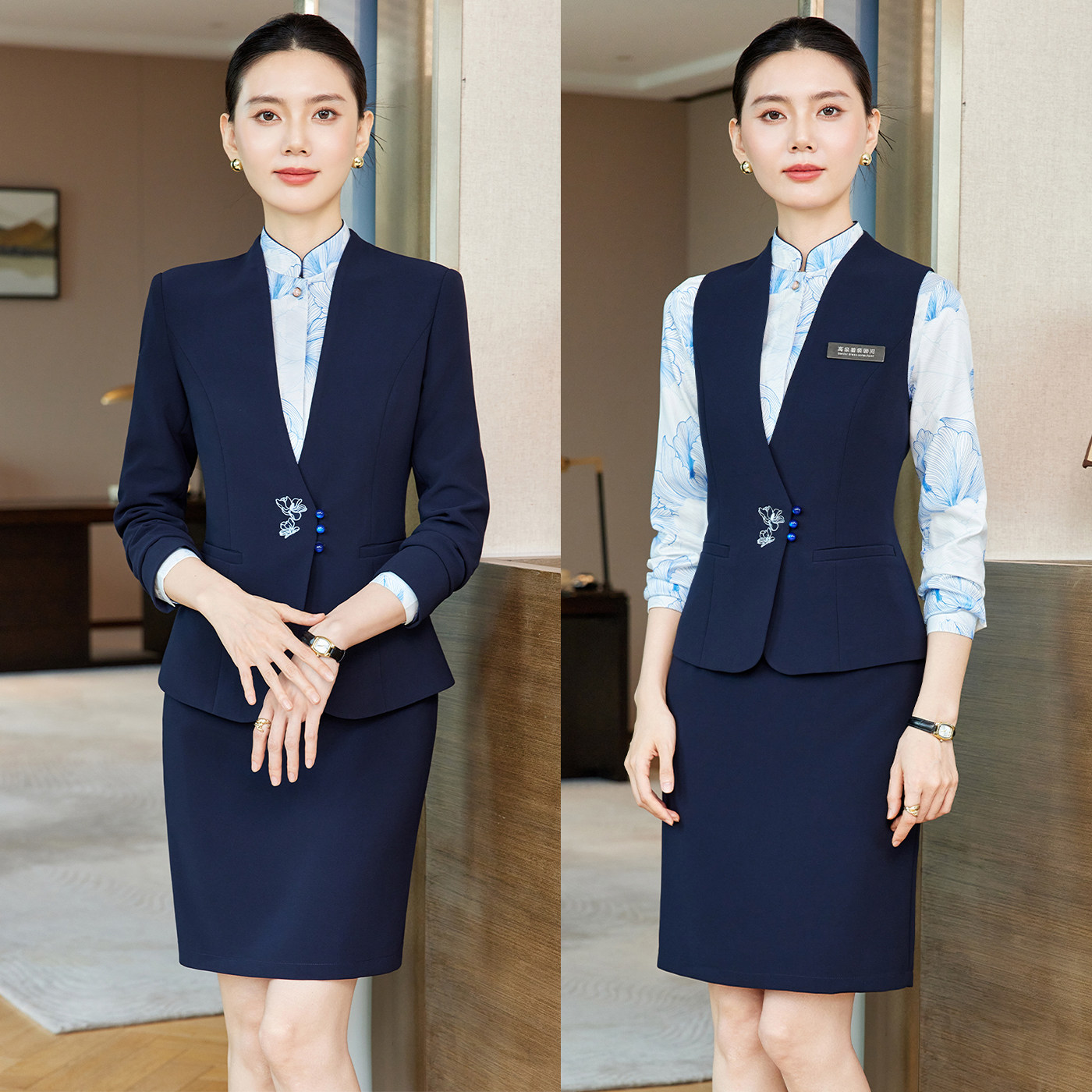 酒店前台接待新中式餐饮茶楼服务员工作服高端职业西服马甲套装女