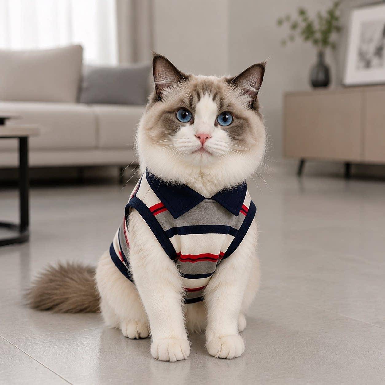 猫咪夏季薄款领条纹背心衣服的德文猫防掉毛金渐层猫贵宾犬雪纳瑞