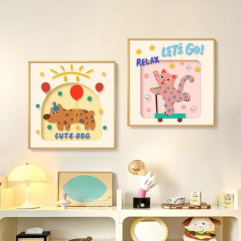 线条餐厅装饰画高级感卡通动物客厅挂画组合多巴胺背景墙壁画图片