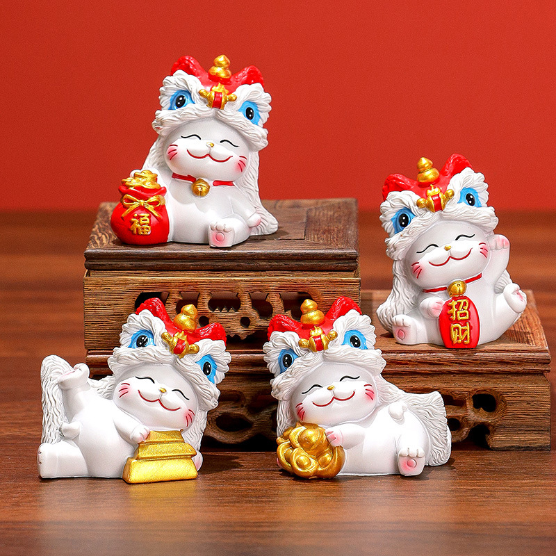 国潮醒狮熊猫招财猫桌面摆件卡通