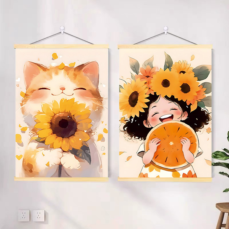 小猫咪向日葵治愈系挂画女孩书房卧室宿舍床头装饰画唯美背景图片