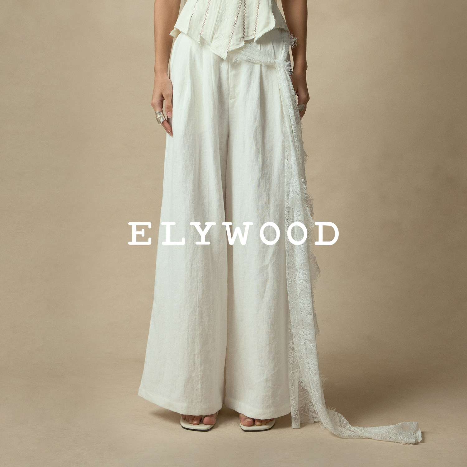 Elywood蕾丝装饰亚麻阔腿裤