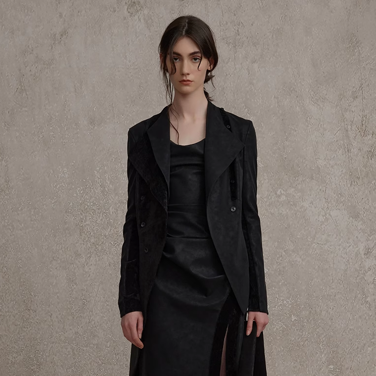 Elywood皮质双层领黑色西装职业通勤女装小众设计不规则高级外套,女装/女士精品,短外套,淘宝优惠券,粉丝福利购,淘宝优惠卷