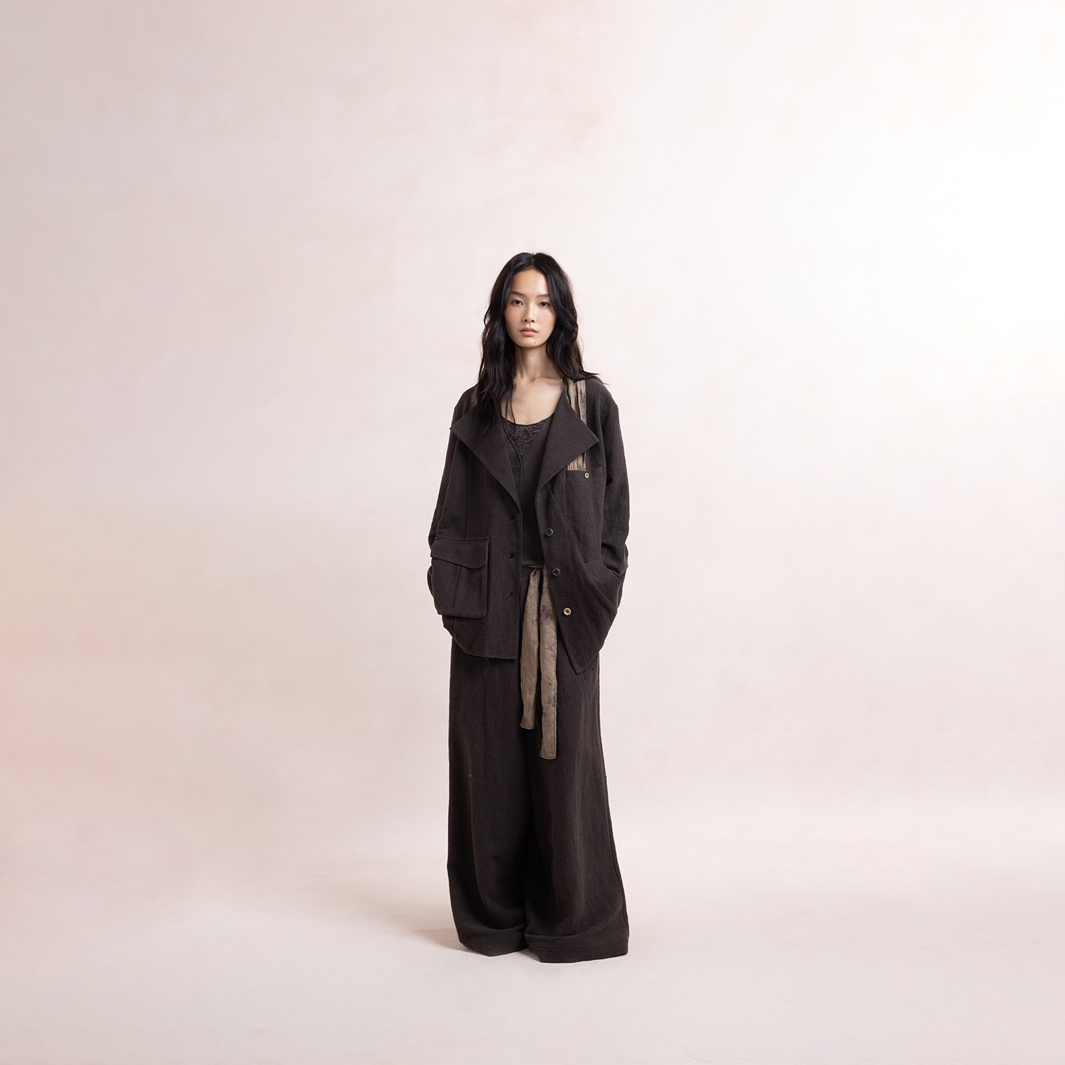 Elywood橄榄绿提花拼接亚麻西服设计师品牌宽松阔腿长裤气质套装