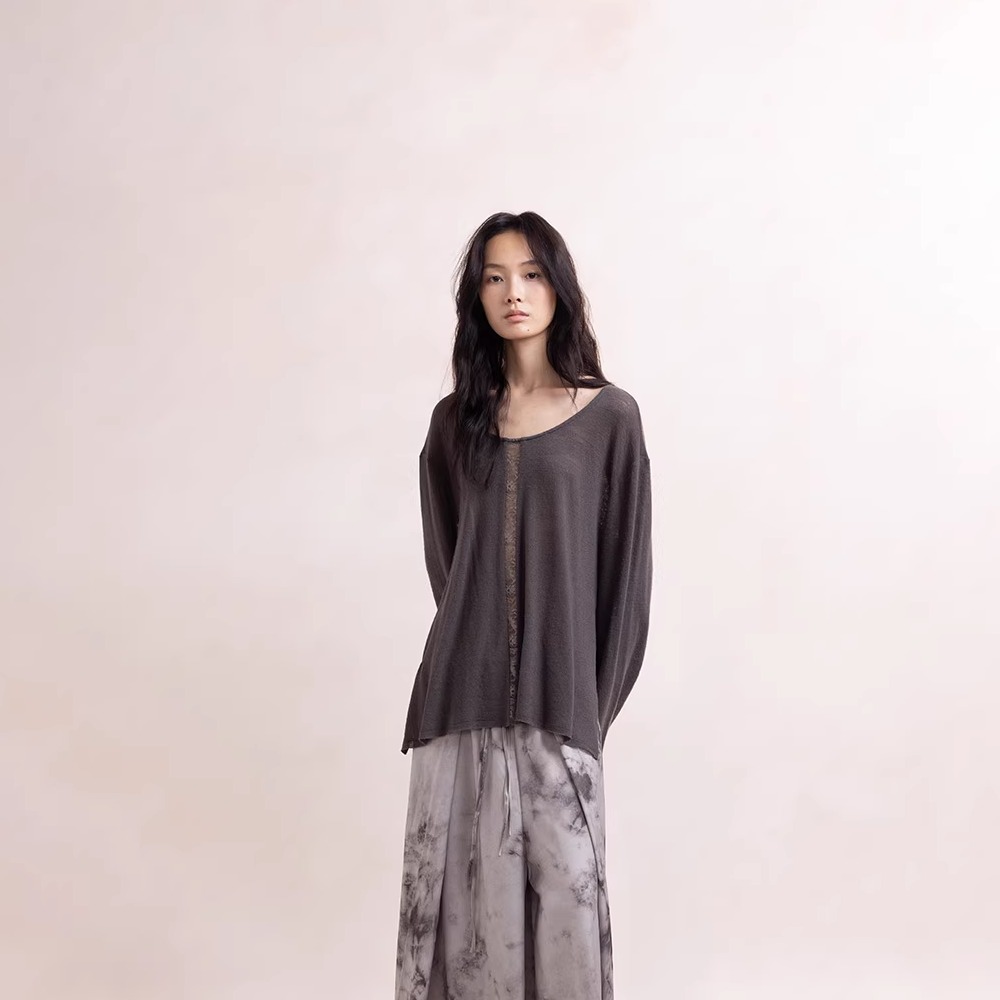 Elywood羊毛圆领拼接绑带上衣