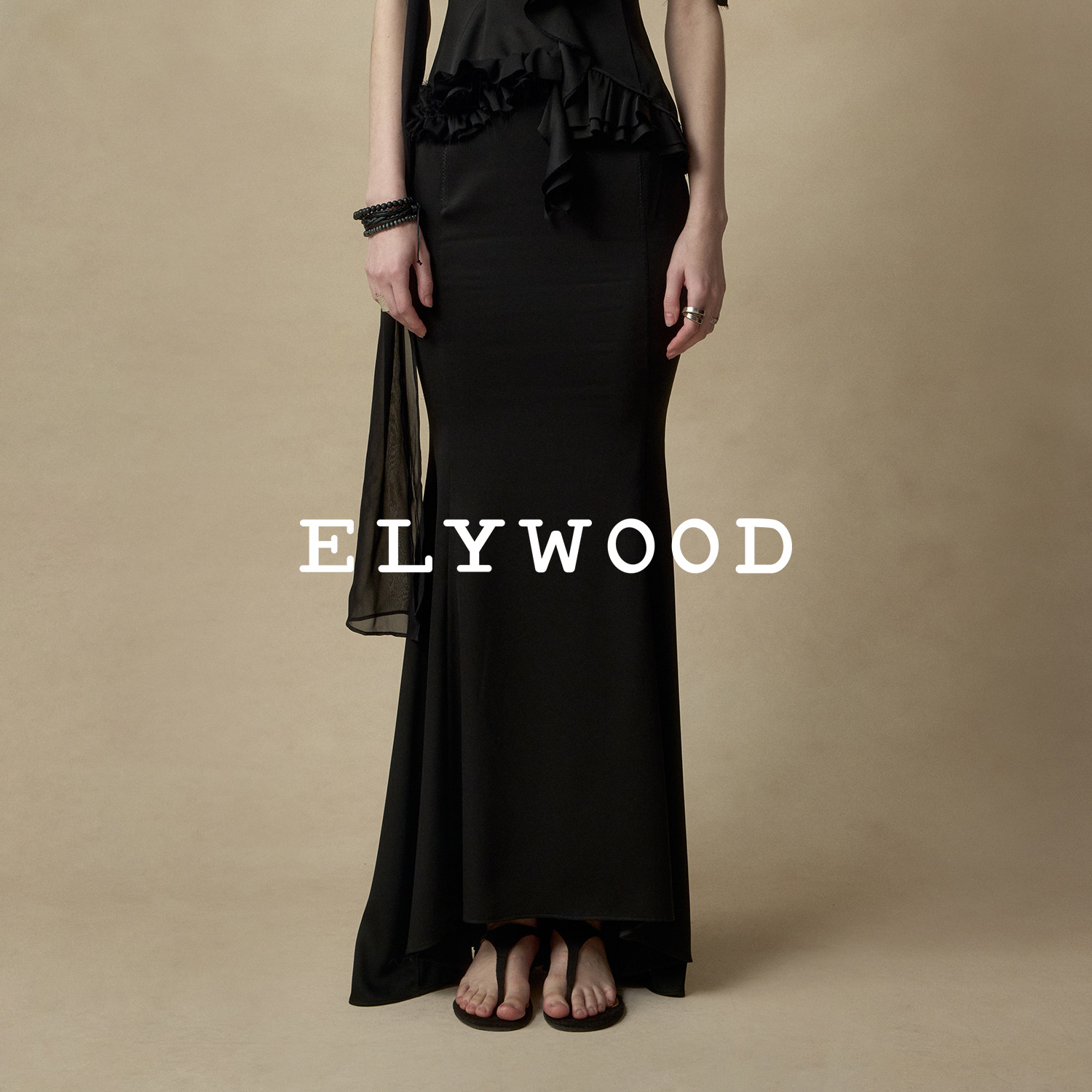 Elywood线迹鱼尾垂坠半裙显瘦黑色长裙优雅修身轻熟感设计半身裙