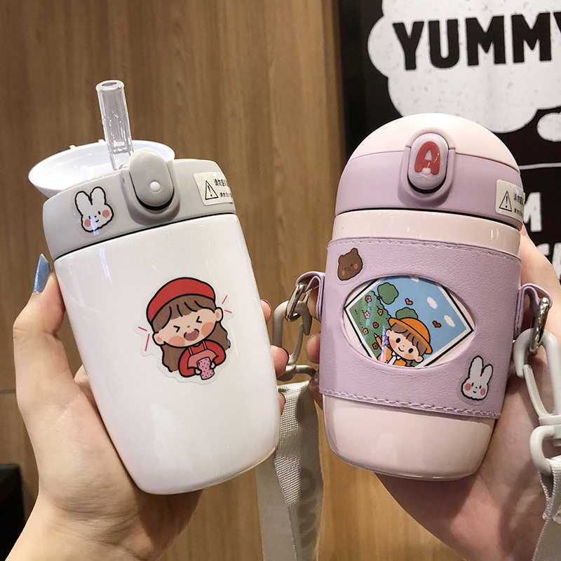儿童保温杯带吸管水杯可爱幼儿园防摔斜挎杯子便携小学生水壶外出
