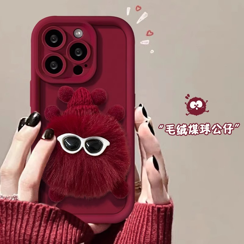 毛绒煤球公仔opporeno13pro手机壳红色reno12/11/10/9/8/7新款a3硅胶龙年a1/a2秋冬k12/11创意a93女r17保护套