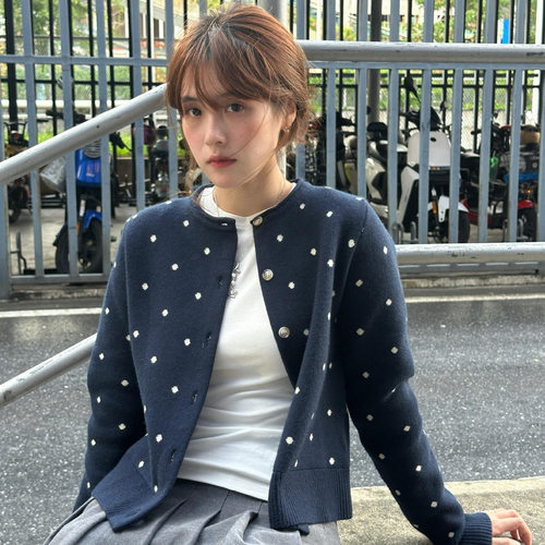 2026秋韩系波点显瘦针织开衫女