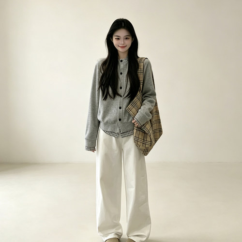 灰色假两件棒球服卫衣女秋冬宽松