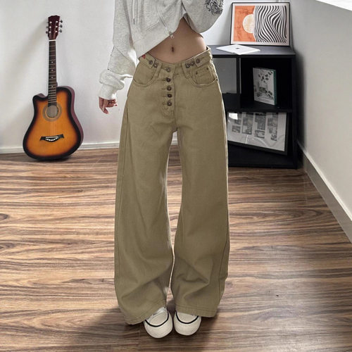 秋新弯刀阔腿显瘦卡其女牛仔裤