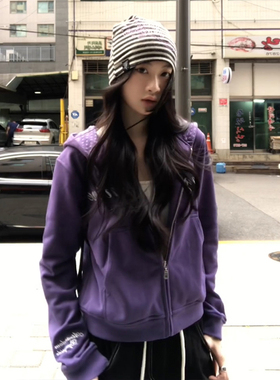 大码女装紫色连帽卫衣女秋冬字母印花宽松显瘦微胖mm拉链外套上衣