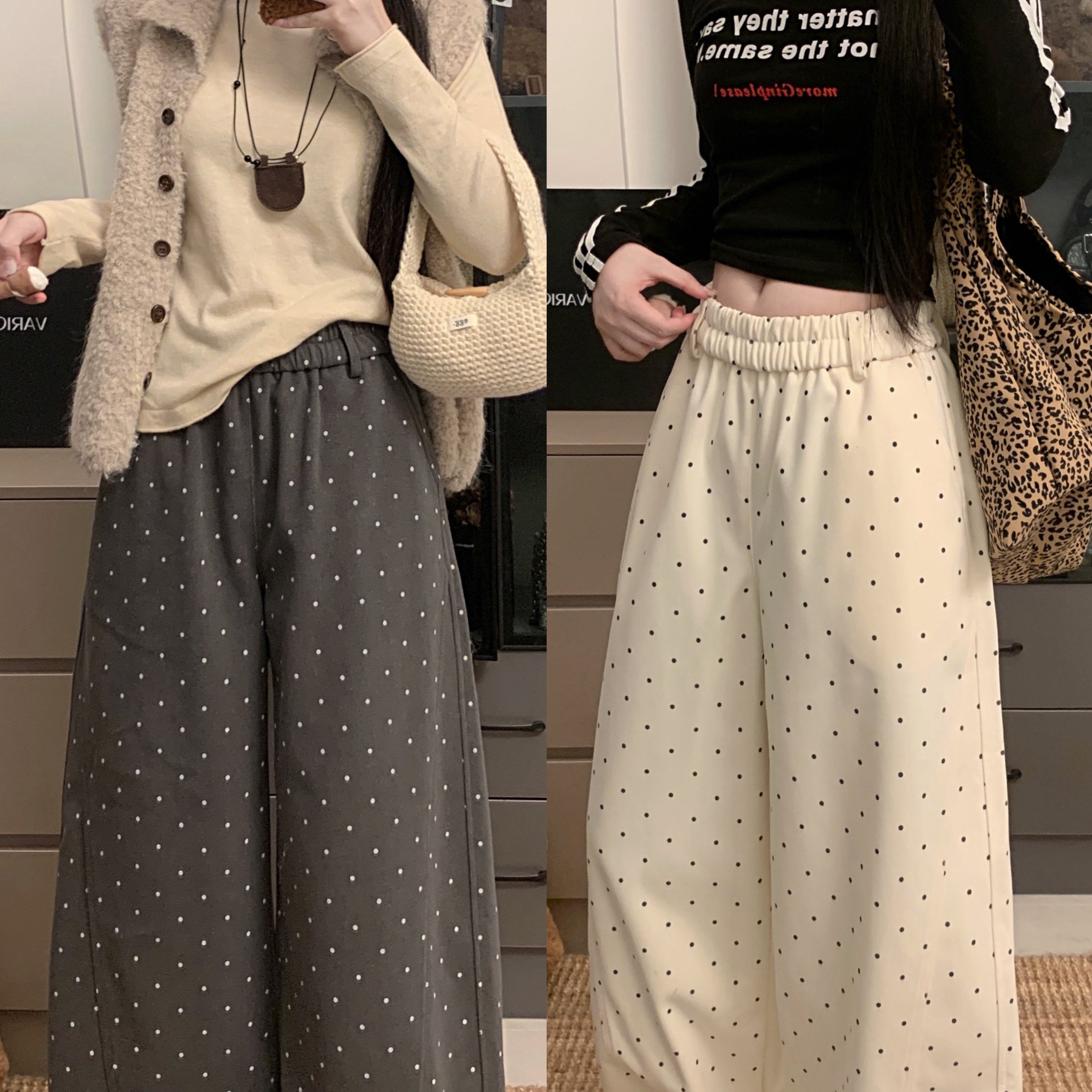 实拍韩系波点灰色毛呢休闲裤女秋冬百搭直筒高腰宽松弯刀阔腿裤子