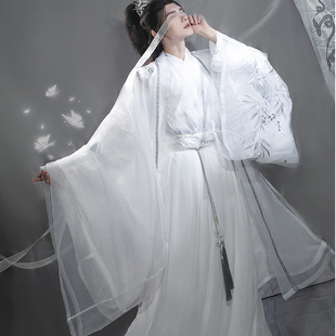 清冷风仙气飘逸男女款 书禹原创汉服男 衫 白色重工刺绣大袖 竹间清