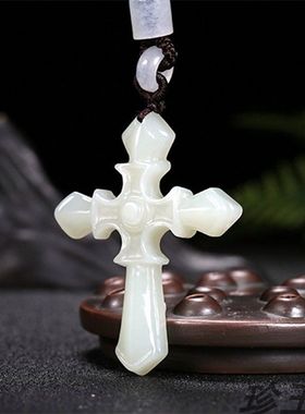 天然玉石新款白吊坠男女款项链挂件小挂坠玉石十字架玉挂件高档
