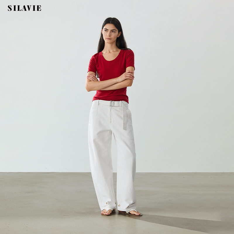 SILAVIE 纯色U领天丝羊毛高弹短袖正肩T恤女薄款百搭凉感休闲上衣