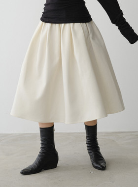 SILAVIE 原创中腰设计宽松A字廓形过膝蓬蓬裙女简约质感半身长裙