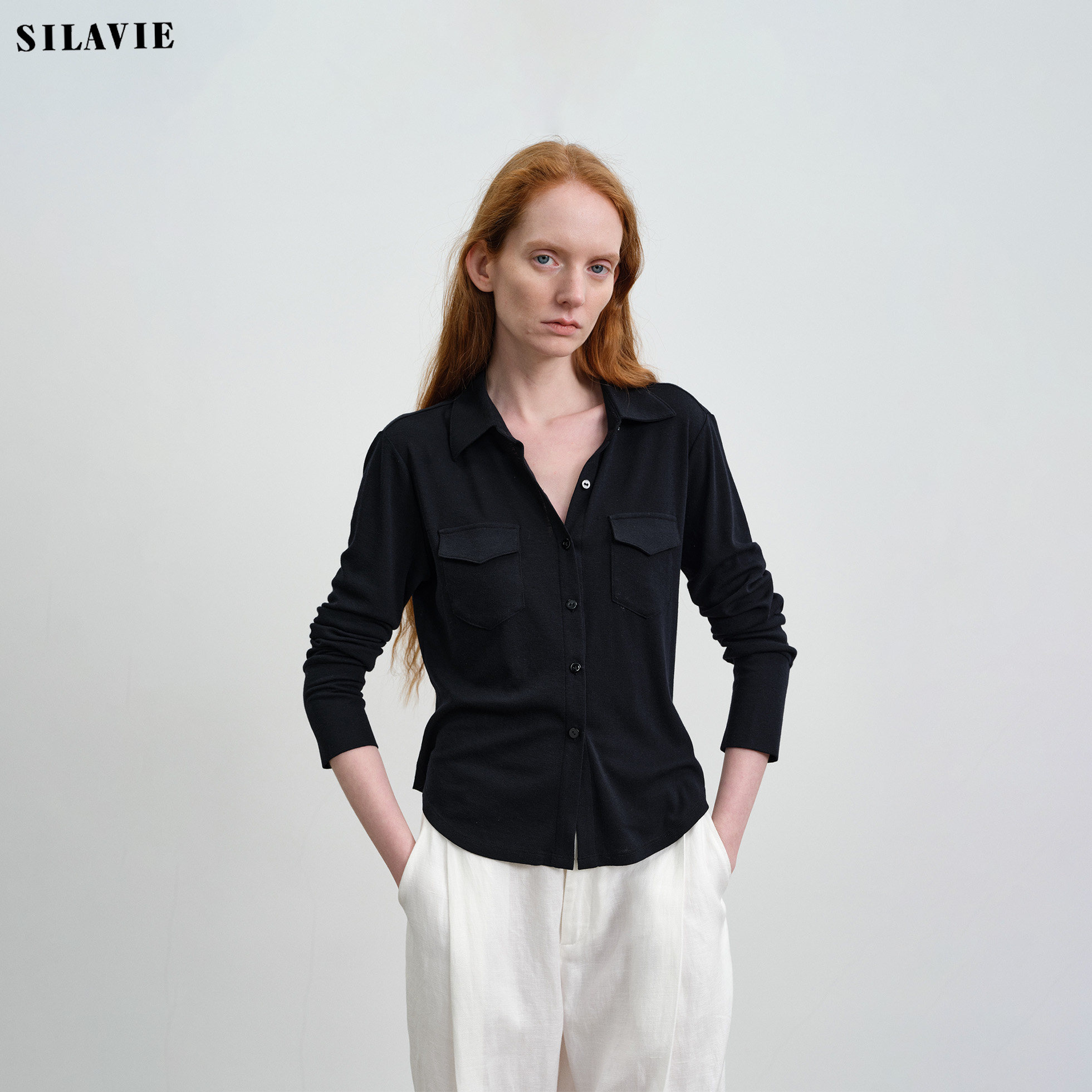 SILAVIE轻薄羊毛衬衫女春夏季收腰修身黑白色上衣高级感轻奢减龄