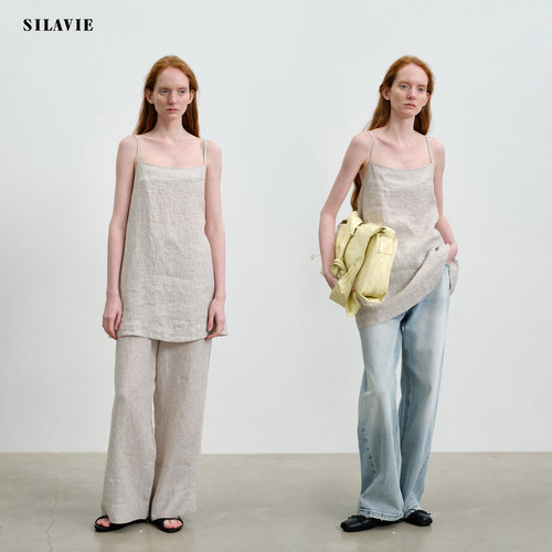 SILAVIE100%亚麻吊带套装夏季女抽绳抹胸飘带上衣直筒松弛感裤子