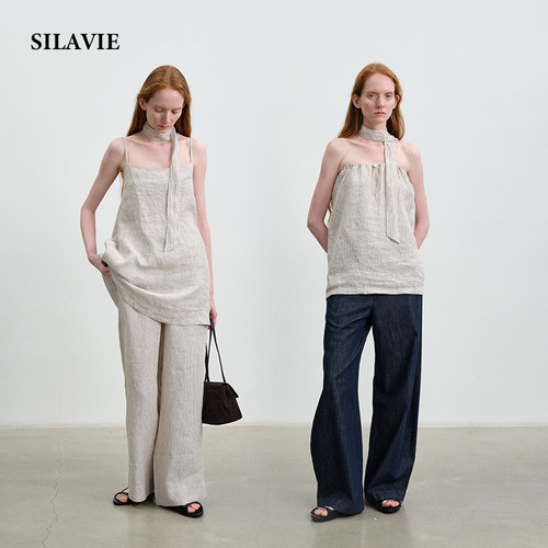 SILAVIE100%亚麻吊带套装夏季女抽绳抹胸飘带上衣直筒松弛感裤子