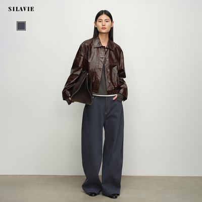 蓝灰牛撞钉直筒廓形高级感牛仔裤