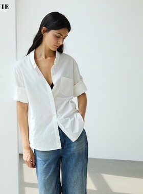 SILAVIE进口100%匹马棉纸感廓形折袖白色衬衫夏季廓形休闲上衣