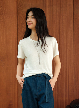 SILAVIE 棉麻肌理感轻薄凉爽透气圆领短袖T恤女夏季白色休闲上衣