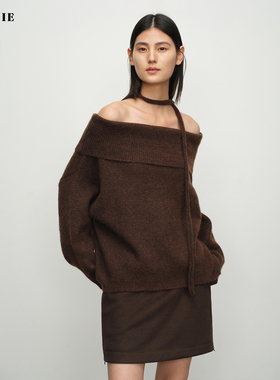 SILAVIE马海羊毛拉毛宽边翻折多穿一字肩慵懒毛织+围巾