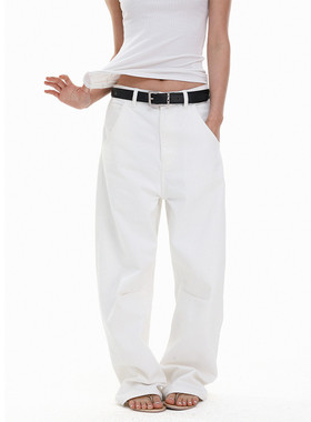 SILAVIE 纯棉休闲阔腿长裤白色牛仔镰刀裤子