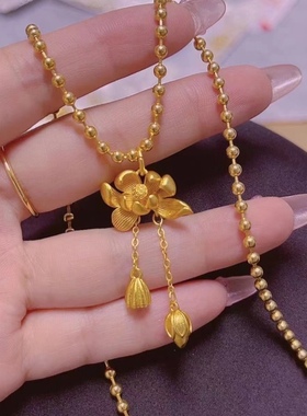 网红电金古法荷花两世欢吊坠黄色莲花彩金色锁骨链项链送女友爱人