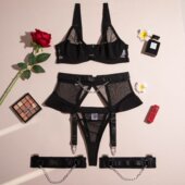 黑色钢圈网纱透视链条绑带吊袜带文胸情趣内衣套装 LS1576全罩杯