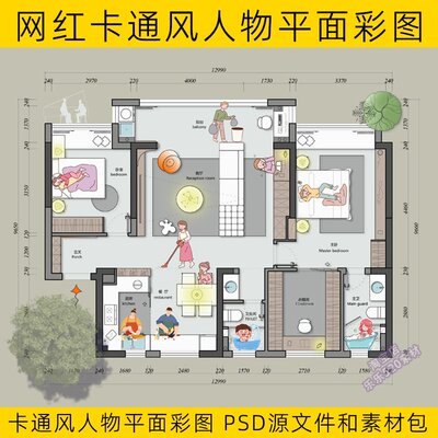 2025卡通风人物平面彩图PSD源文件和素材包 室内设计彩平图素材