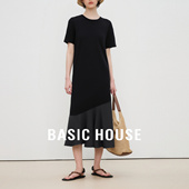 House 新款 百家好不规则拼接连衣裙宽松短袖 裙子夏季 中长款 Basic