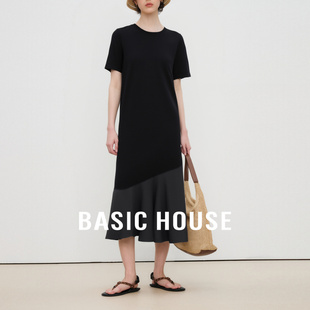 Basic House/百家好不规则拼接连衣裙宽松短袖中长款裙子夏季新款