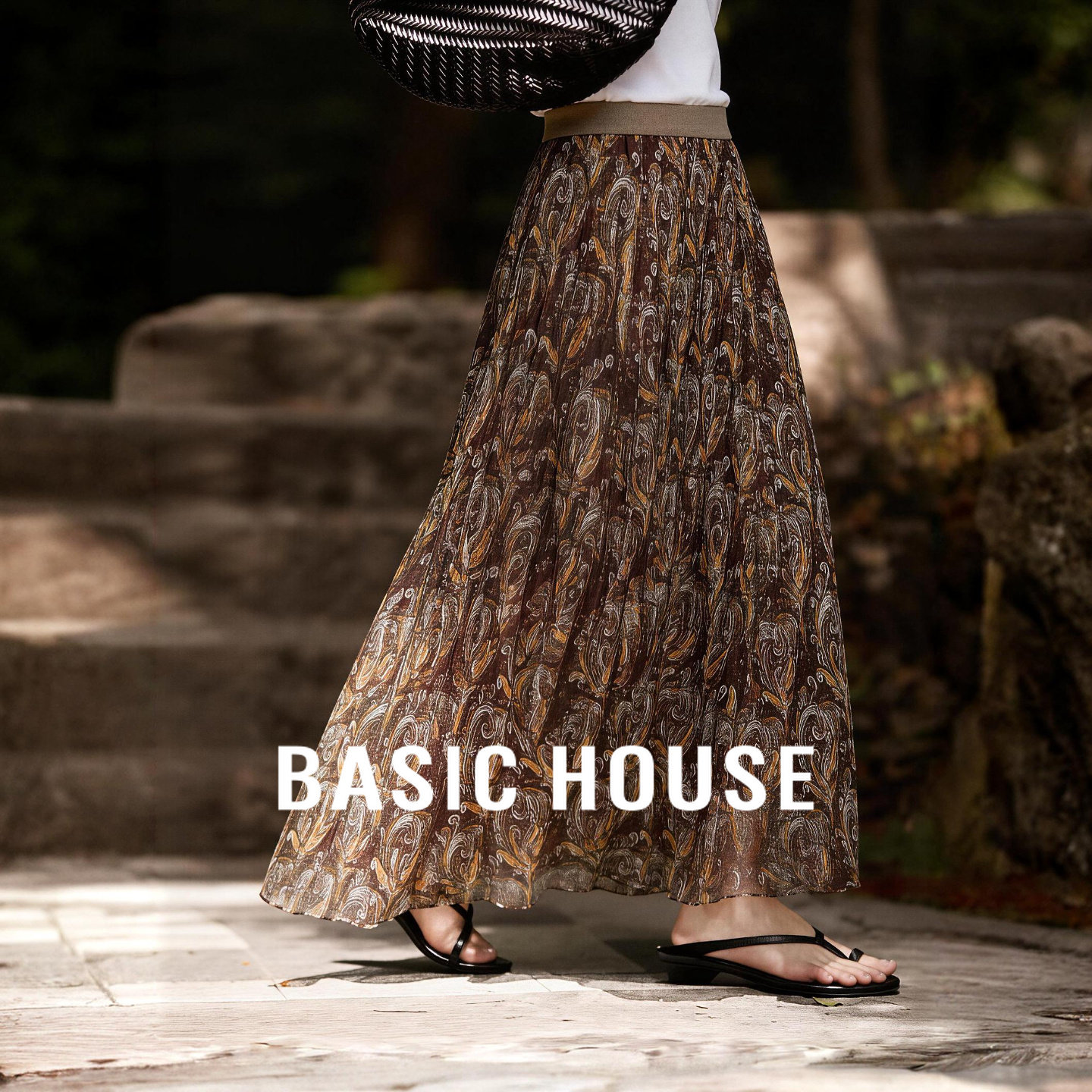Basic House/百家好复古腰果花压褶半身裙女夏季高腰显瘦A字长裙