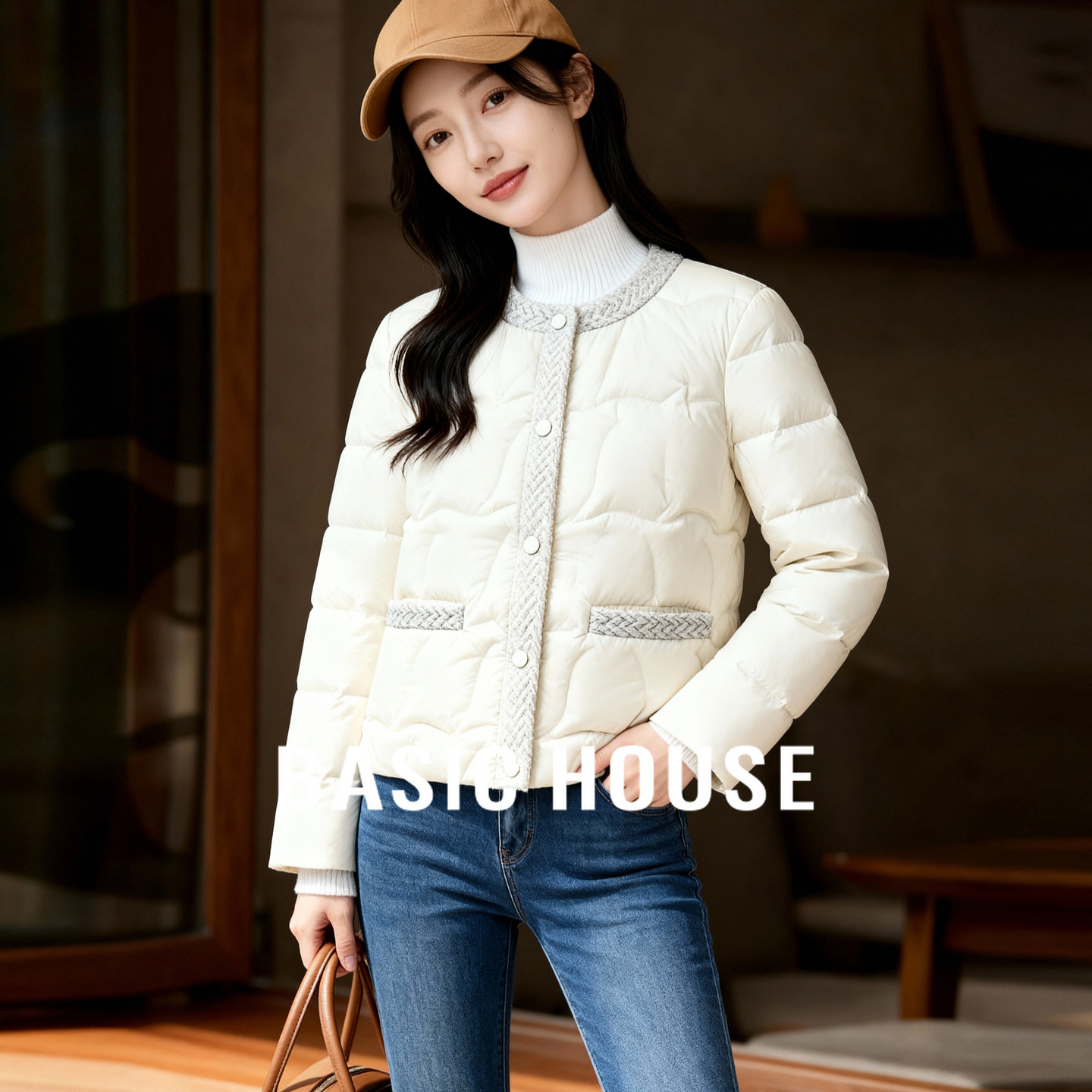 Basic House/百家好香风圆领短款羽绒服冬季保暖宽松显瘦保暖外套