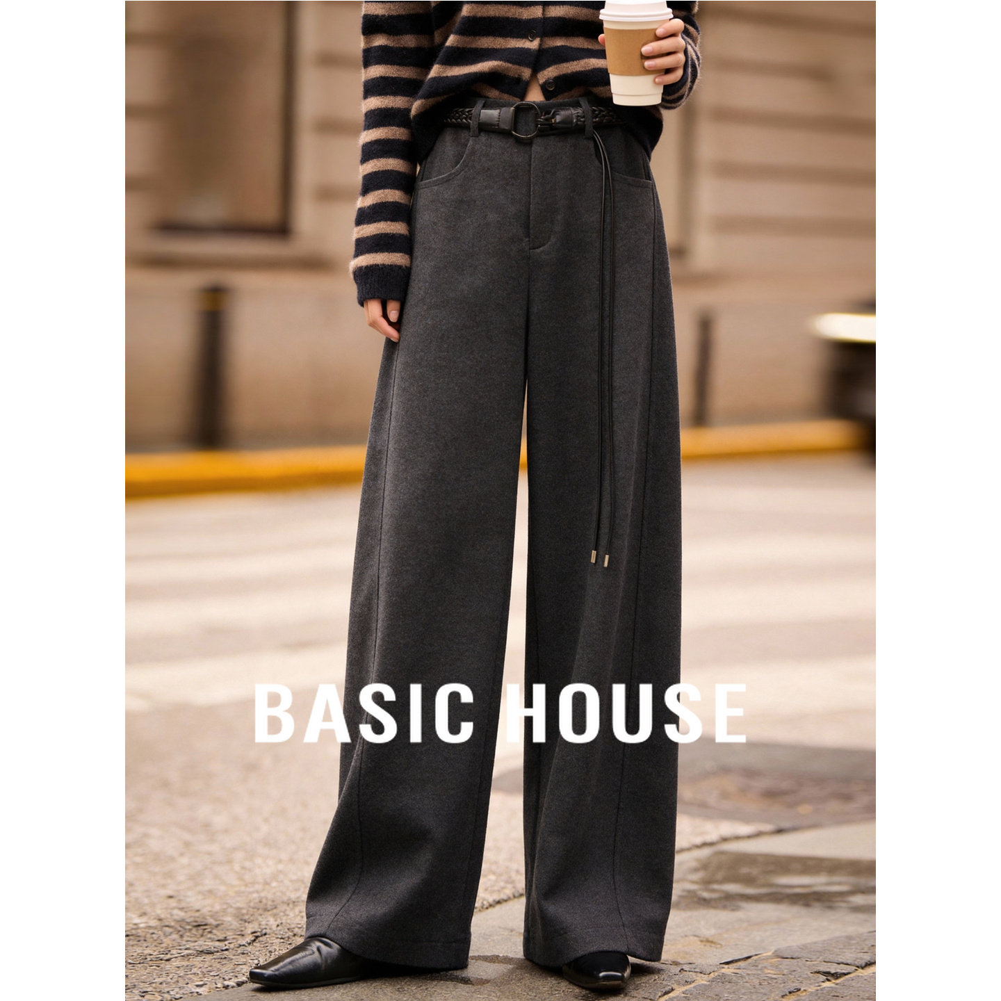 百家好腰带收腰灰色毛呢西装裤子女冬季新款高腰垂感直筒休闲长裤