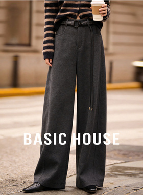 百家好腰带收腰灰色毛呢西装裤子女冬季新款高腰垂感直筒休闲长裤