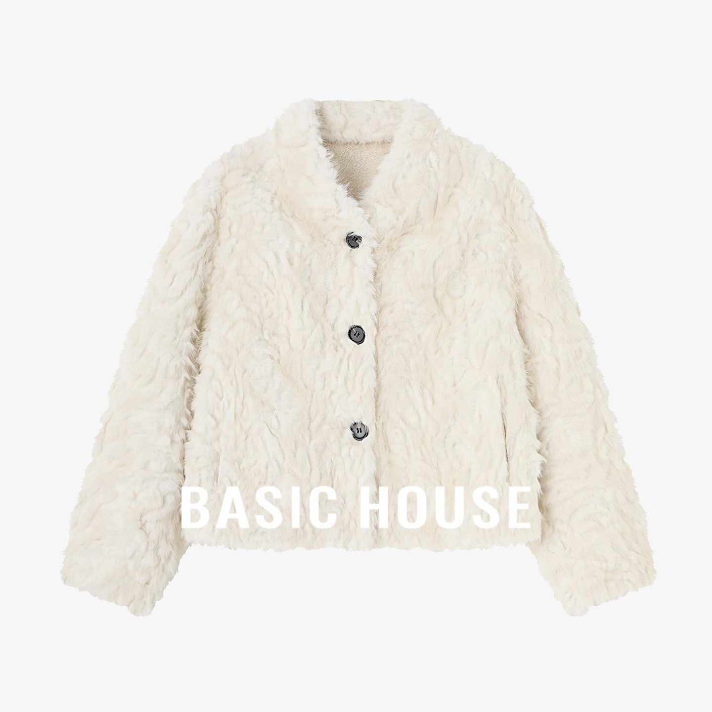 Basic House/百家好仿皮草短款外套女冬毛绒质感保暖纽扣设计上衣